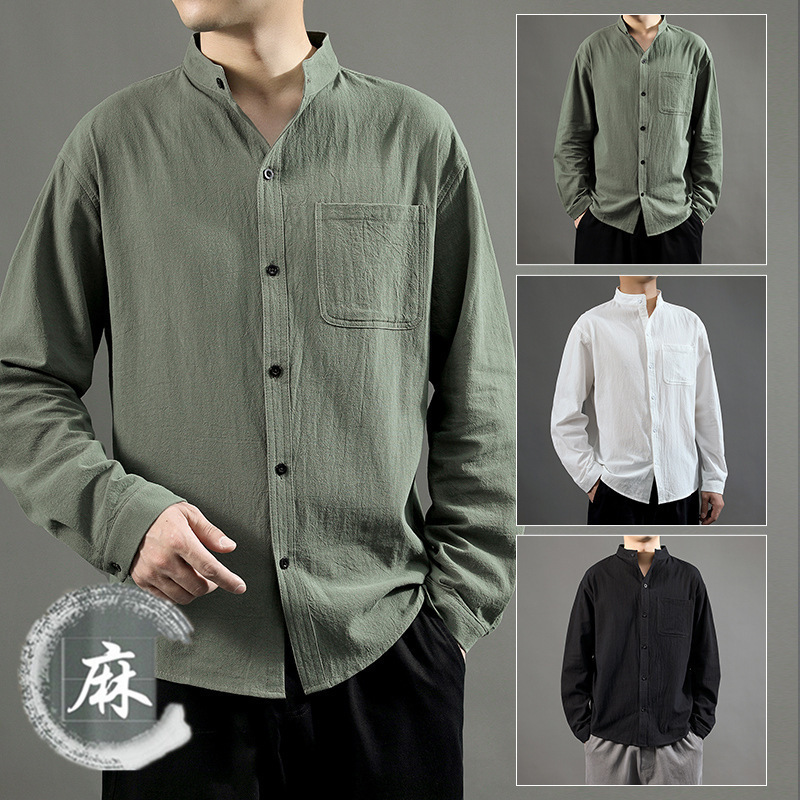 Men's linen shirt Chinese Tang suit cotton linen men's long-sleeved shirt spring and autumn retro casual top clothes
