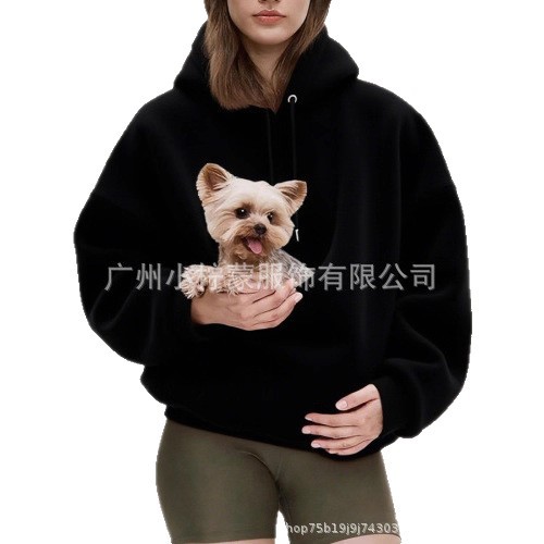 爆款女士冬季羊羔绒袋鼠口袋狗妈妈口袋连帽外出卫衣