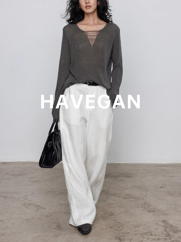 与间HAVEGAN/秋季v领天丝亚麻长袖设计感针织衫女宽松老钱风上衣|undefined