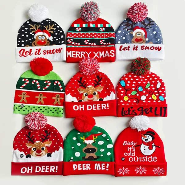 in stock cross-border Christmas hat with LED colorful lights adult jacquard hat wool hat men and women knitted hat