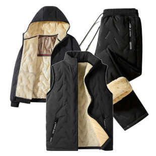 Cross-border ultrasonic new fleece-lined thickened graphene men's warm stand collar vest sports lambskin three-piece set