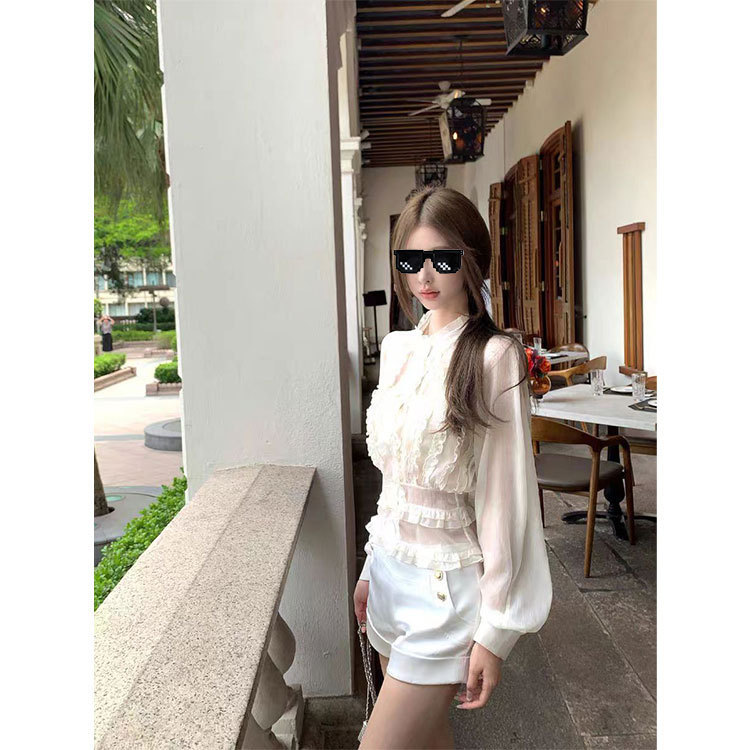 titi小姐姐日光柔纱长袖衬衫女秋法式宫廷风立领收腰雪纺上衣|undefined