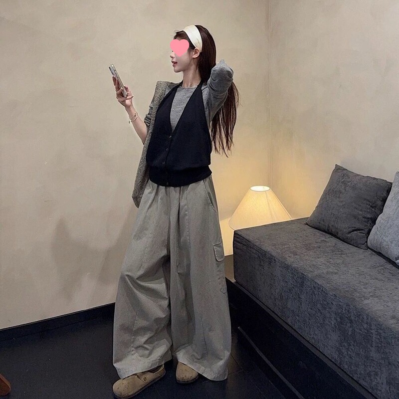 时尚韩系长袖针织衫叠穿挂脖背心女秋季显瘦百搭工装休闲裤三件套|undefined