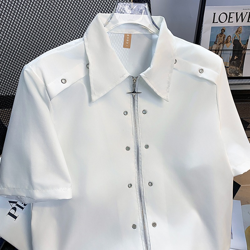 Deconstructed Hierarchical Metal Buckle Design Sense Shoulder Pad Shirt Men's Summer High-end Sense Stopper Handsome Non-ironing Shirt Short-sleeved Trendy