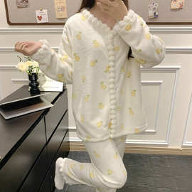 秋冬季新款睡衣女法兰绒时尚简约休闲可外穿加厚保暖家居服套装女