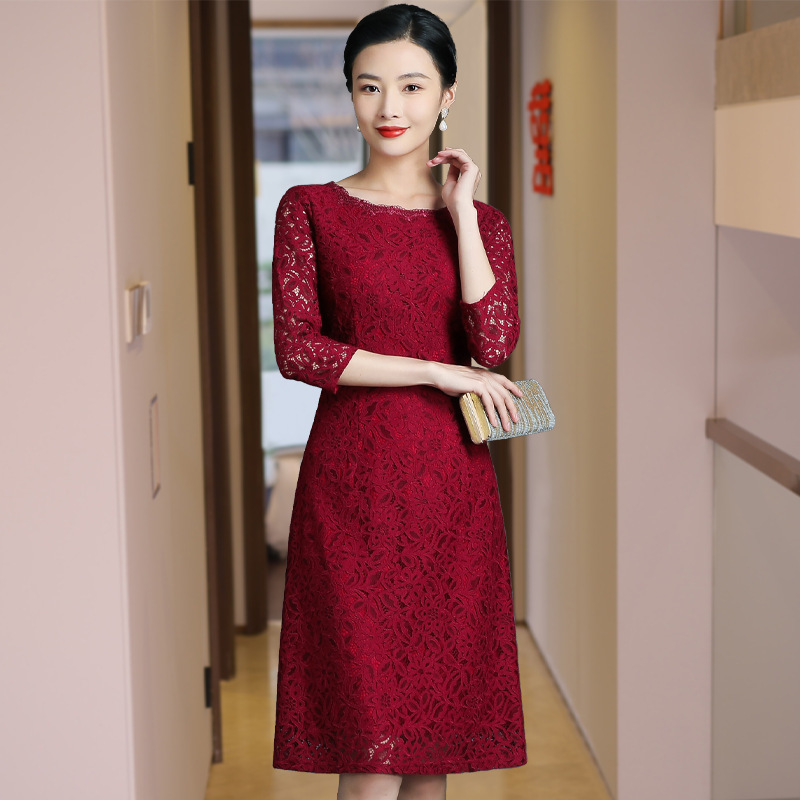 2021 New Autumn Fashion Burgundy Lace Dress for Middle-Aged and Elderly Women, Waist-Cinching, Slimming, Elegant Mom Style, One-Piece Wholesale 2021 New Autumn Fashion Burgundy Lace Dress for Middle-Aged and Elderly Women, Waist-Cinching, Slimming, Elegant Mom Style, One-Piece Wholesale