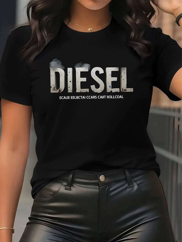Cartoon Art Diesel Letter Print Pattern - Elegant and Fashionable - Women's Crew Neck Pullover T-Shirt Casual Sports Short