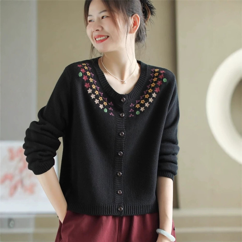 Retro Embroidered Round Neck Long Sleeve Knit Sweater for Women, 2026 Autumn New Cardigan Sweater, Loose Casual Top for Women Retro Embroidered Round Neck Long Sleeve Knit Sweater for Women, 2026 Autumn New Cardigan Sweater, Loose Casual Top for Women