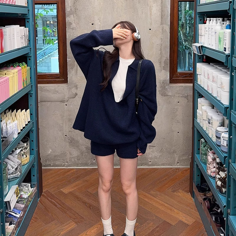 休闲套装女春秋新款松弛感简约针织衫上衣松紧腰阔腿短裤子两件套|undefined