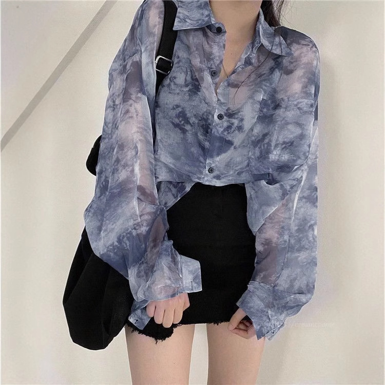 Tie-Dye Thin Shirt Jacket for Women, Summer Korean Style Versatile Loose Shirt, Sun Protection Top, Fashionable Cardigan