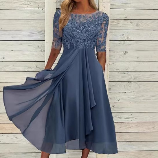 Amazon Europe and America 2026 New Cross-Border Chiffon Splicing Lace Hollow-Out Dress Bridesmaid Evening Gown Women's Clothing