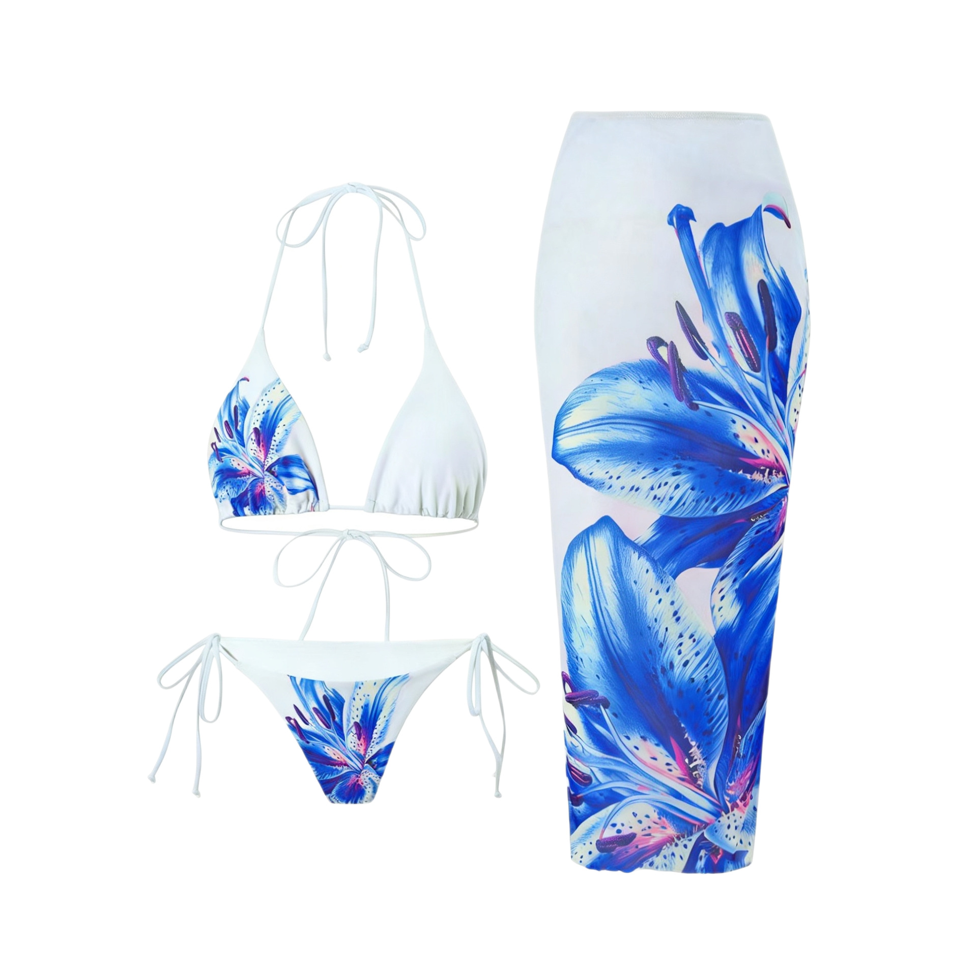 Women's Clothing Style Printed Two Piece Bikini Slim Wrap Skirt Lily Print Swimsuit Three Piece Set For Women Beach & Pool Ready_voghion.com