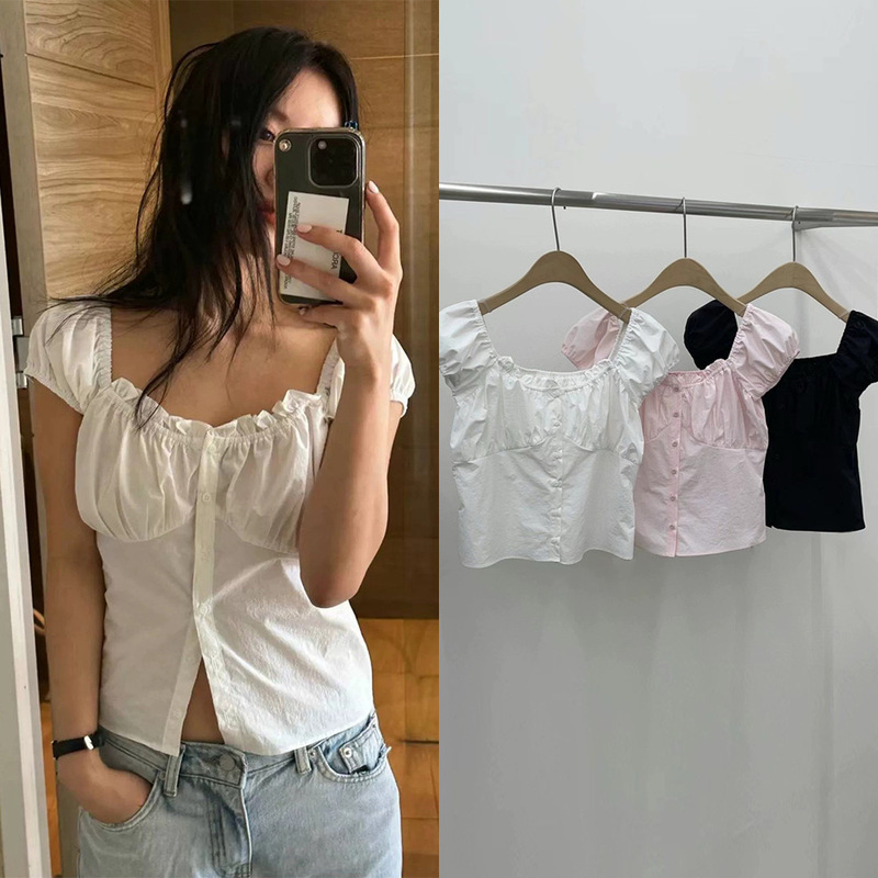 Now the 2026 Summer New Model Korean Designer Lysm French-Style Sweet Ruffled Puff Sleeve Shirt