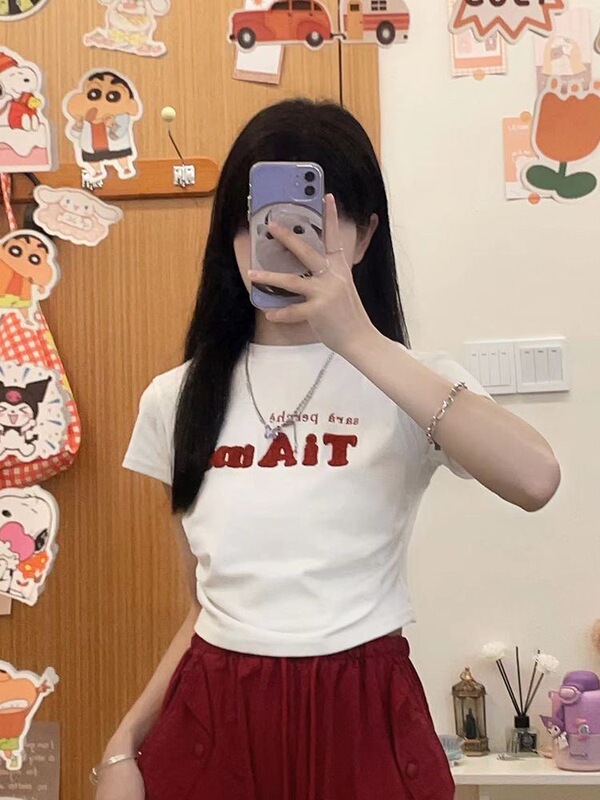 [210g 40 cotton] towel embroidered letters tight short sleeve female hot girl pleated slim short T-shirt