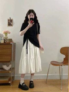 大码女装韩剧穿搭套装夏季蝴蝶结上衣胖MM遮肚显瘦蛋糕裙子两件套