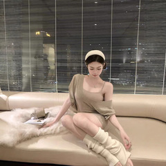 Kubiliv乳欲甜心u襟斜め肩コウモリ袖ウエストウールニットブラウスキャミソールセット