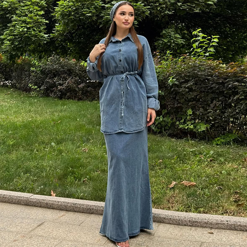Women's Stylish Long Sleeve Polo Collar Denim Dress with Belt Comfortable Casual Office Wear_ecoleips.com