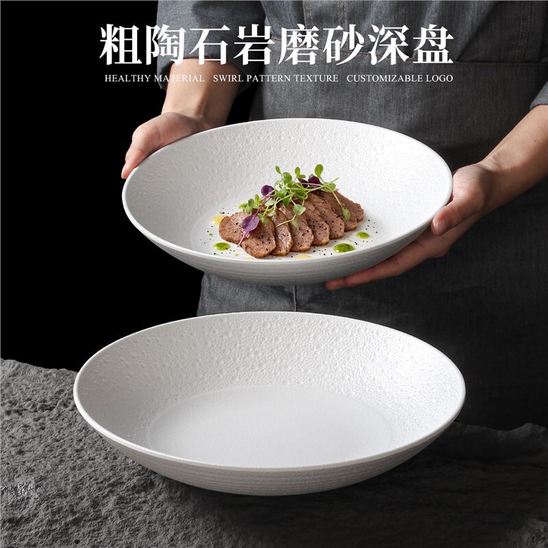 Nordic-style melamine tableware, coarse pottery, stone-textured, matte finish, round, deep dish for restaurants, suitable for Western cuisine, steaks, pasta, and salads Nordic-style melamine tableware, coarse pottery, stone-textured, matte finish, round, deep dish for restaurants, suitable for Western cuisine, steaks, pasta, and salads