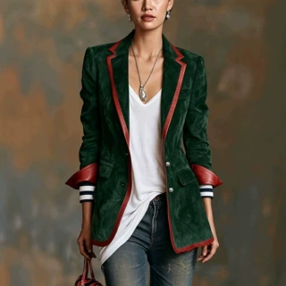 2026欧美跨境独立站秋冬新款 复古撞色麂皮翻领西装外套女