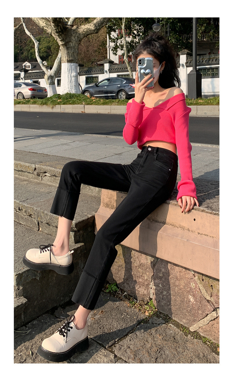 【中国直邮】HEY+JEANS 春季韩系翻边高腰显瘦九分裤 黑色 M