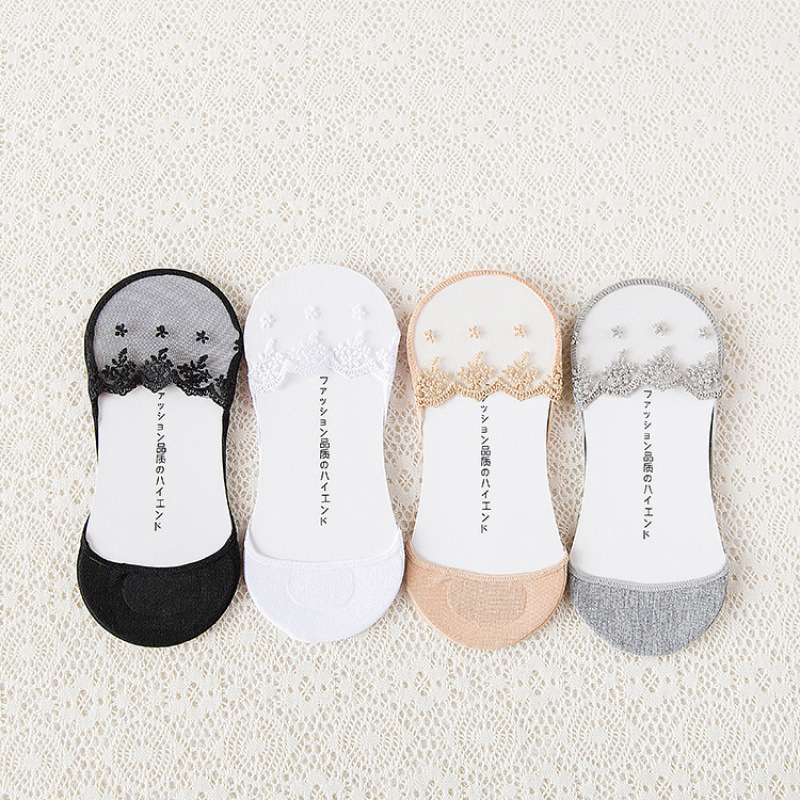 Lace Embroidery Invisible Low-Cut Boat Socks for Women, Cotton-Soled Short Socks, Ultra-Thin Transparent Socks, Non-Slip Silicone Invisible Socks