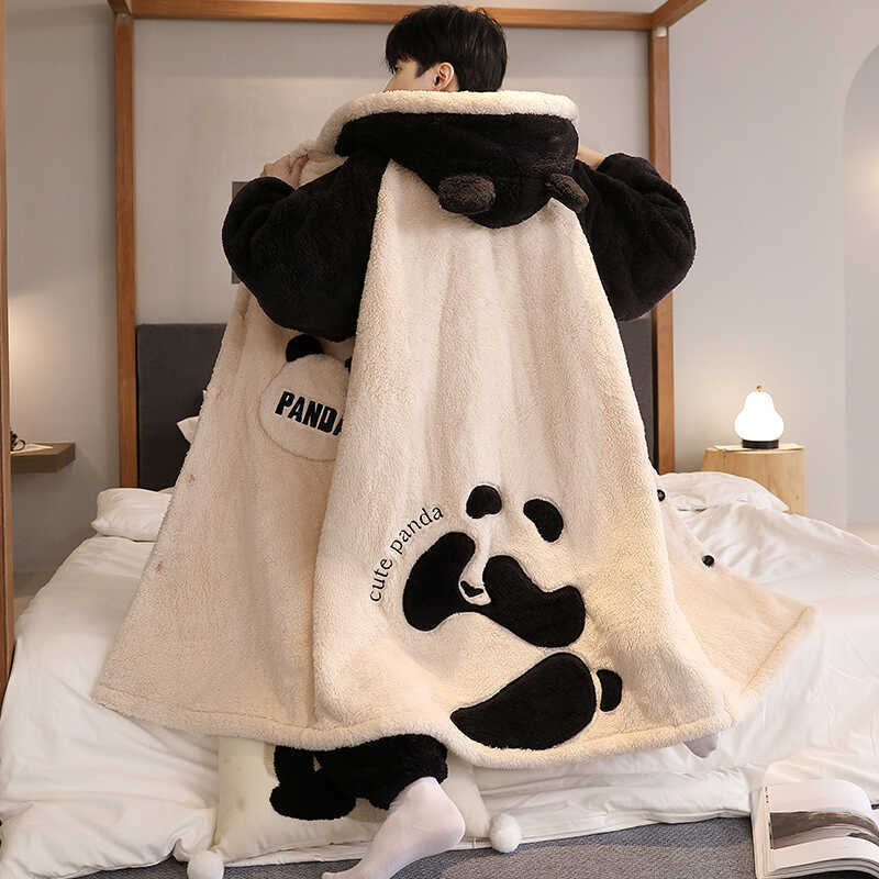 Men's Nightgown Autumn and Winter Thickeneded Velvet Youth Coral Velvet Long High School Student Cartoon Home Clothes Set Men's Nightgown Autumn and Winter Thickeneded Velvet Youth Coral Velvet Long High School Student Cartoon Home Clothes Set