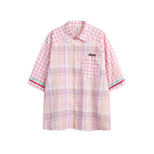 型录夏季新款美式复古学院风格子短袖衬衫粉色拼接插肩情侣粉上衣