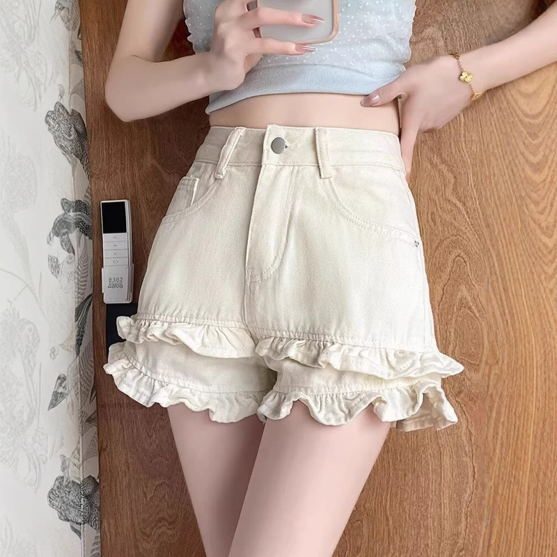Double-Layer Ruffle Spliced Denim Shorts for Women, Korean Style, Summer New High-Waisted, Leg-Lengthening, Plus-Size, Butt-Lifting Hot Pants Trendy