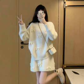 韩版小香风毛衣套装设计感蝴蝶结针织衫上衣短裙两件套针织两件套