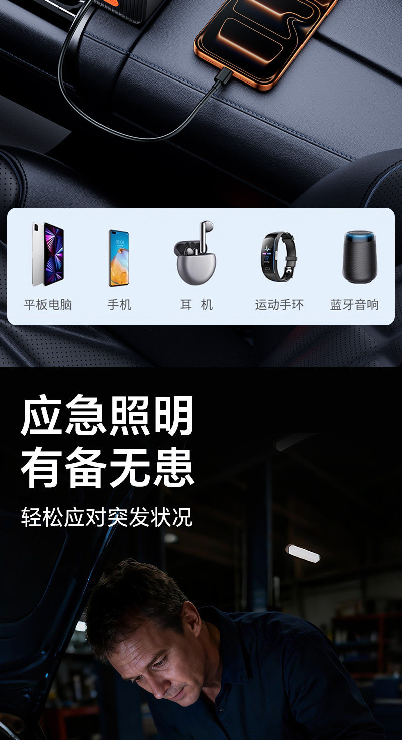 Car Emergency Starting Power Supply 12V Car Battery Jump Starter Wireless Air Pump Portable Tire Inflator