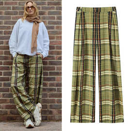 跨境春夏女印花宽松休闲长裤新款格纹时尚裤子欧美绿色格子长裤