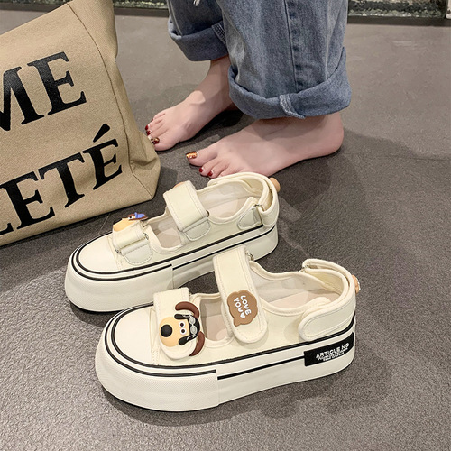 Hong Kong-style white sneakers for women, summer hollow-out breathable design,  new arrival—velcro-fastened canvas board shoes with chunky soles, perfect for students.