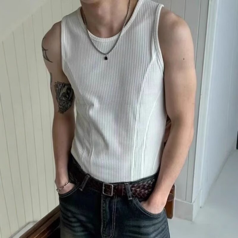 American-Style Vertical Striped Ribbed Tank Top for Men, Summer Casual Sleeveless T-Shirt, Stylish Casual Undershirt for Men