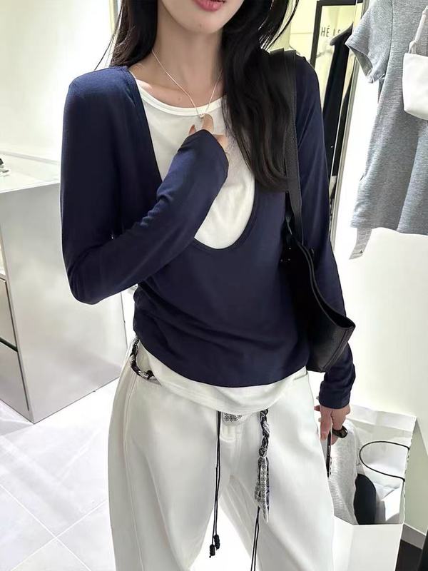 极简慵懒风 拼色假两件羊毛针织衫女 秋冬新款大U领显瘦气质上衣|undefined