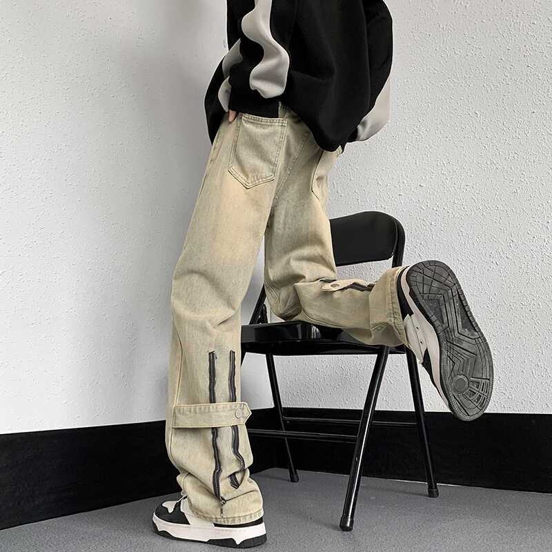 Vintage Washed Jeans for Men, Niche Straight-Leg Casual Pants with Zipper Design, Trendy High Street Style for Teenagers