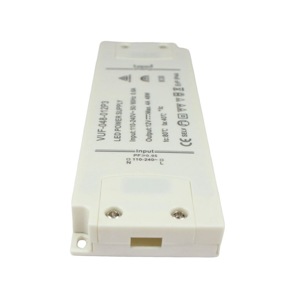 48W 12V/24V certified, IP44 and 65 rated, plastic casing, high power factor, 14.5mm thin LED power supply.