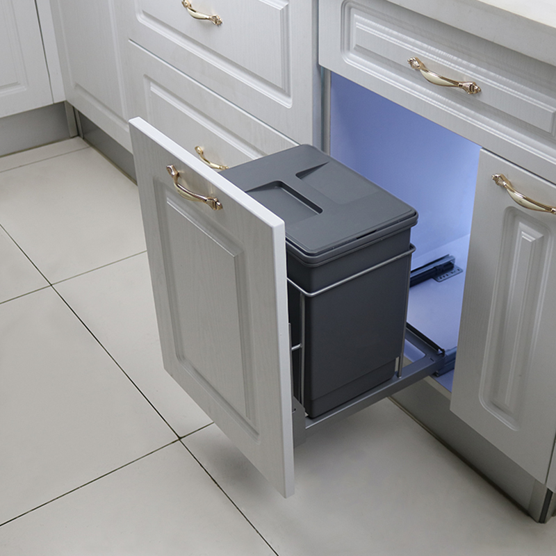 Kitchen Hidden Embedded Tall Shallow Narrow Garbage Bin with Lid, Pull-Out Sorting Cabinet with Built-In Basket Storage