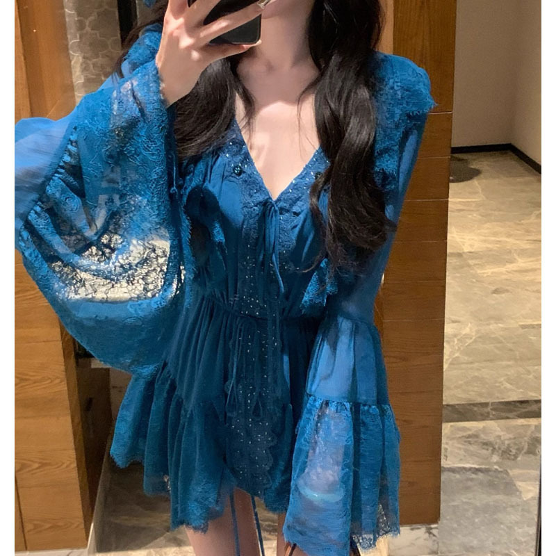 YQGFS (YQGFS) # Yaqiao Xiaomoxia 長袖ピーコックブルーレースドールシフォンシャツ V ネックライト大人スタイルトップスカート|undefined