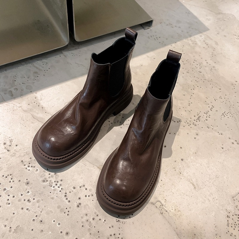 Super Popular Genuine Leather Chelsea Ankle Boots for Women, Thick-Soled Autumn and Winter British Style Trendy Pony Oil Leather High-Heeled Boots