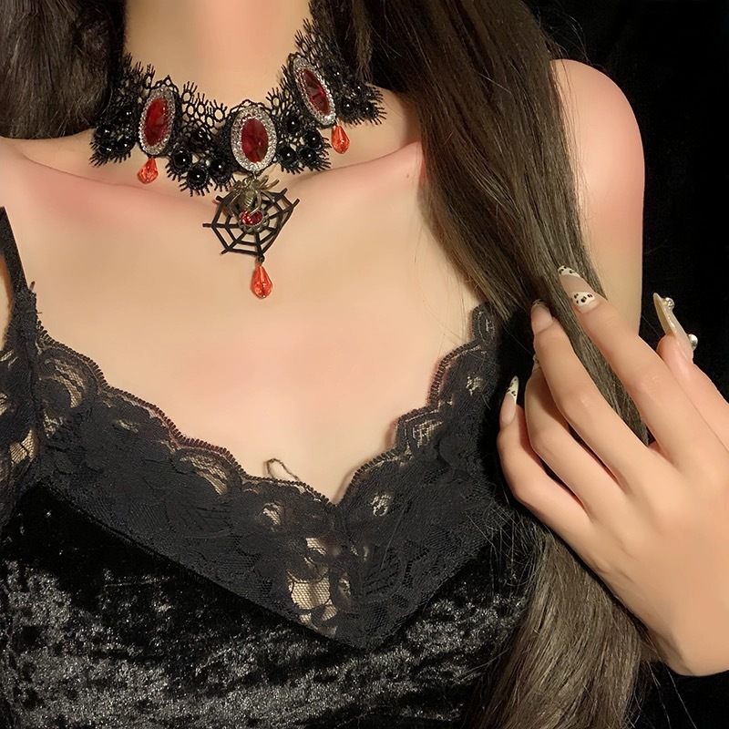 Collana di Halloween, ragnatela femminile, catena per clavicola, cinturino, girocollo, design di nicchia, cinturino per collo in rubino_voghion.com