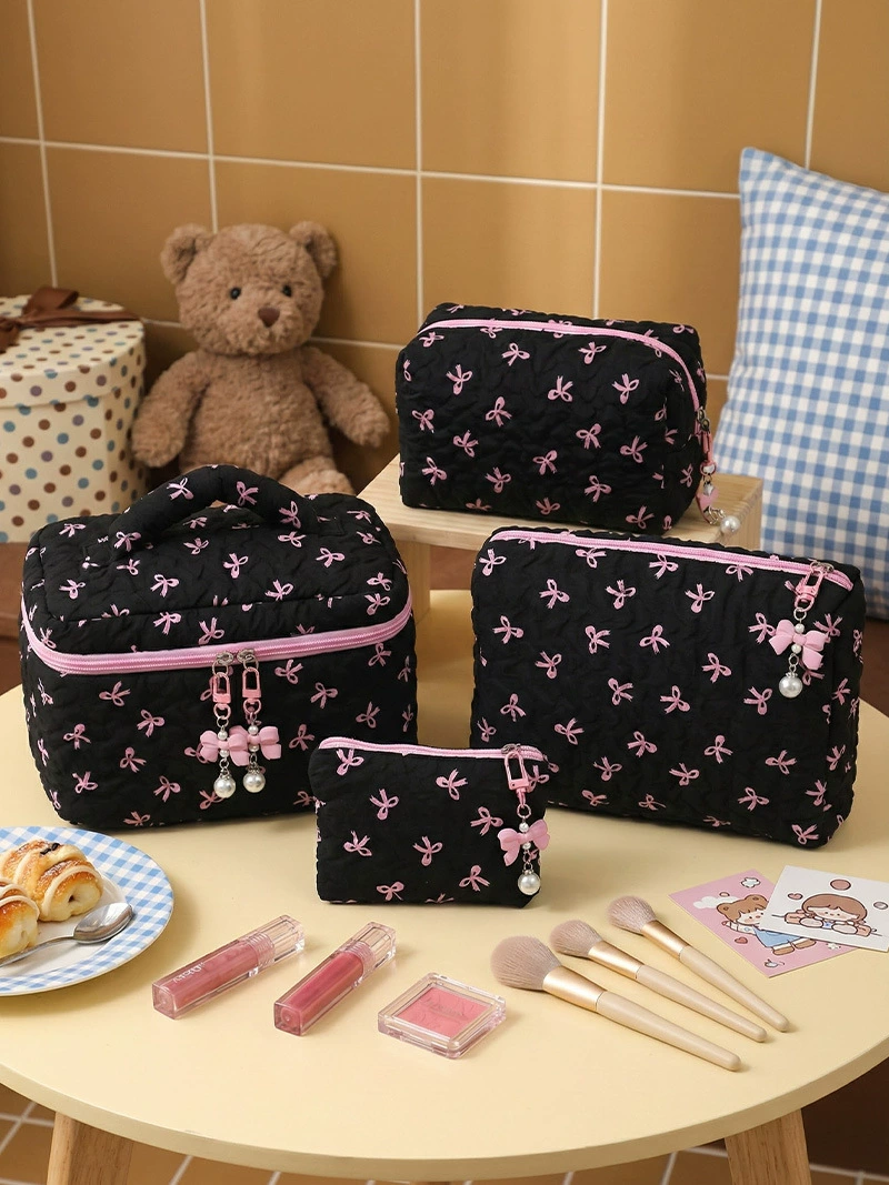 Cosmetic Bag Organizer, Bow Accent Wallet Style, 14×10×2 cm, Lightweight Portable