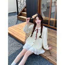 韩系甜美学院风撞色娃娃领蝴蝶结短袖衬衫女装夏季收腰显瘦小上衣