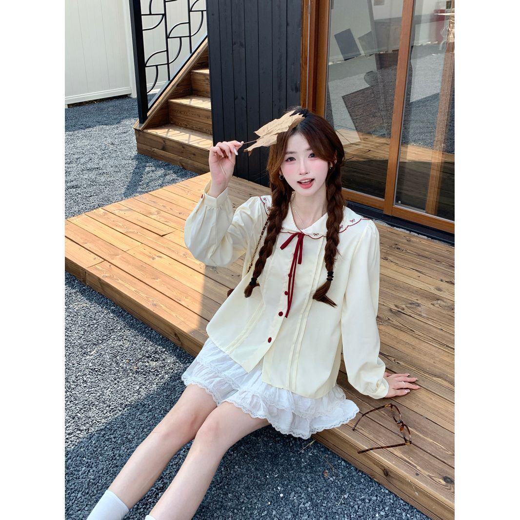 韩系甜美学院风撞色娃娃领蝴蝶结短袖衬衫女装夏季收腰显瘦小上衣