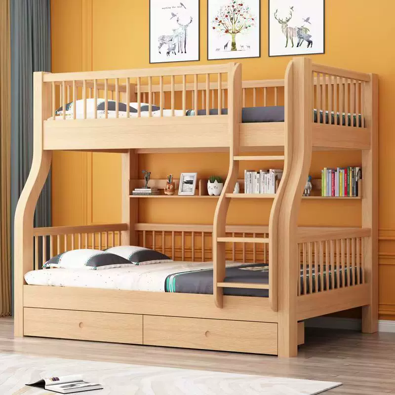 榉木儿童高低床实木上下床双层床现代简约卧室子母床组合家具梯柜