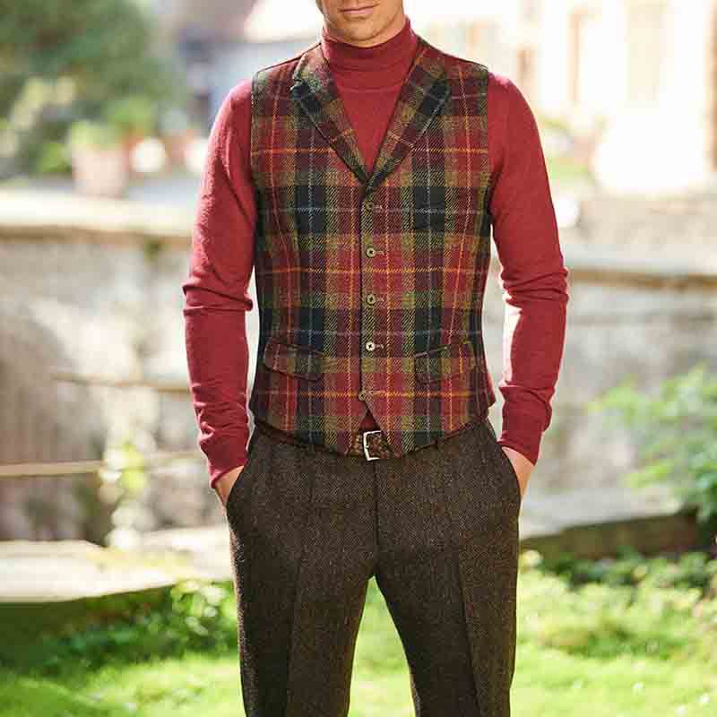 2025秋冬新款男士欧美复古休闲单排扣西装马甲男英伦商务格子马甲