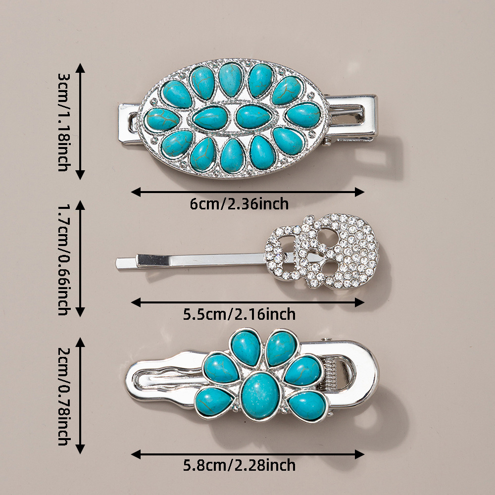 18g Weight Hair Clip Hair Accessories Type December Birthstone Turquoise Inlay Material 1 Set Quantity Outdoor, Street, Shopping Occasion Alloy Material Oval, Heart Shape Pattern Women's Gender Plating, Inlay Design Retro Style Women's Retro Oval Heart Shape Alloy Plating Inlay Turquoise Hair Clip 11