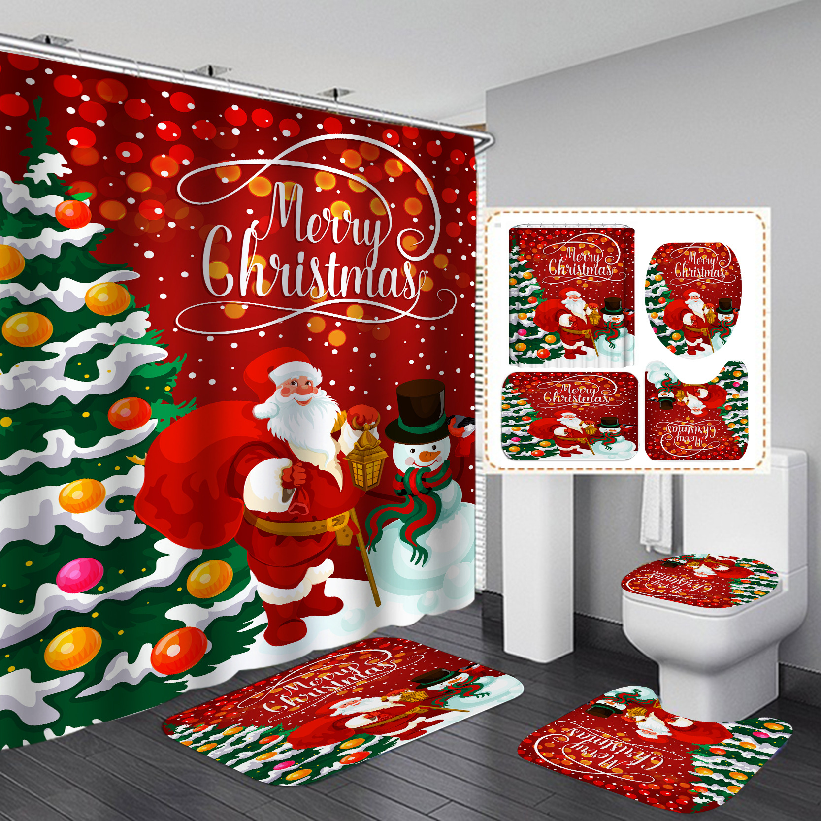 Navidad muñeco de nieve impermeable a prueba de moho grueso cortina de baño con anillo de plástico en forma de C separación seca y húmeda de cuatro piezas cortina de baño