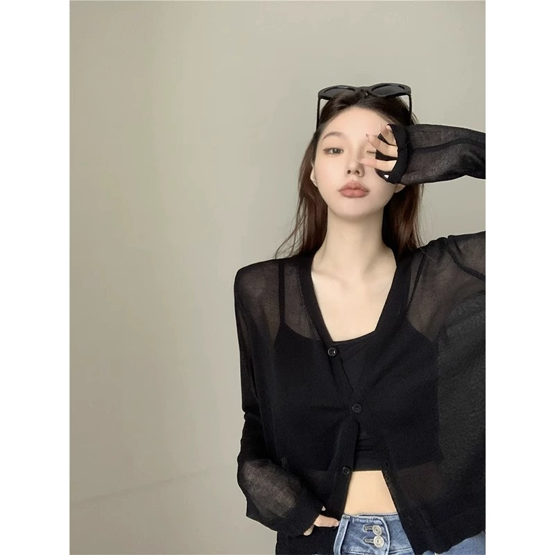 Черная тонкая солнцезащитная одежда Свежий трикотажный кардиган куртка женская подтяжка наружная блузка летняя свободная блузка с длинными рукавами