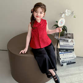 女童国风夏装套装2025新款洋气儿童新中式无袖阔腿裤唐装两件套潮