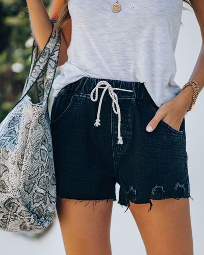 Cross-border European and American Style Elastic Waist Elegant Casual Regular Cotton Mid-Waist Straight Leg Washed Denim Women's Shorts